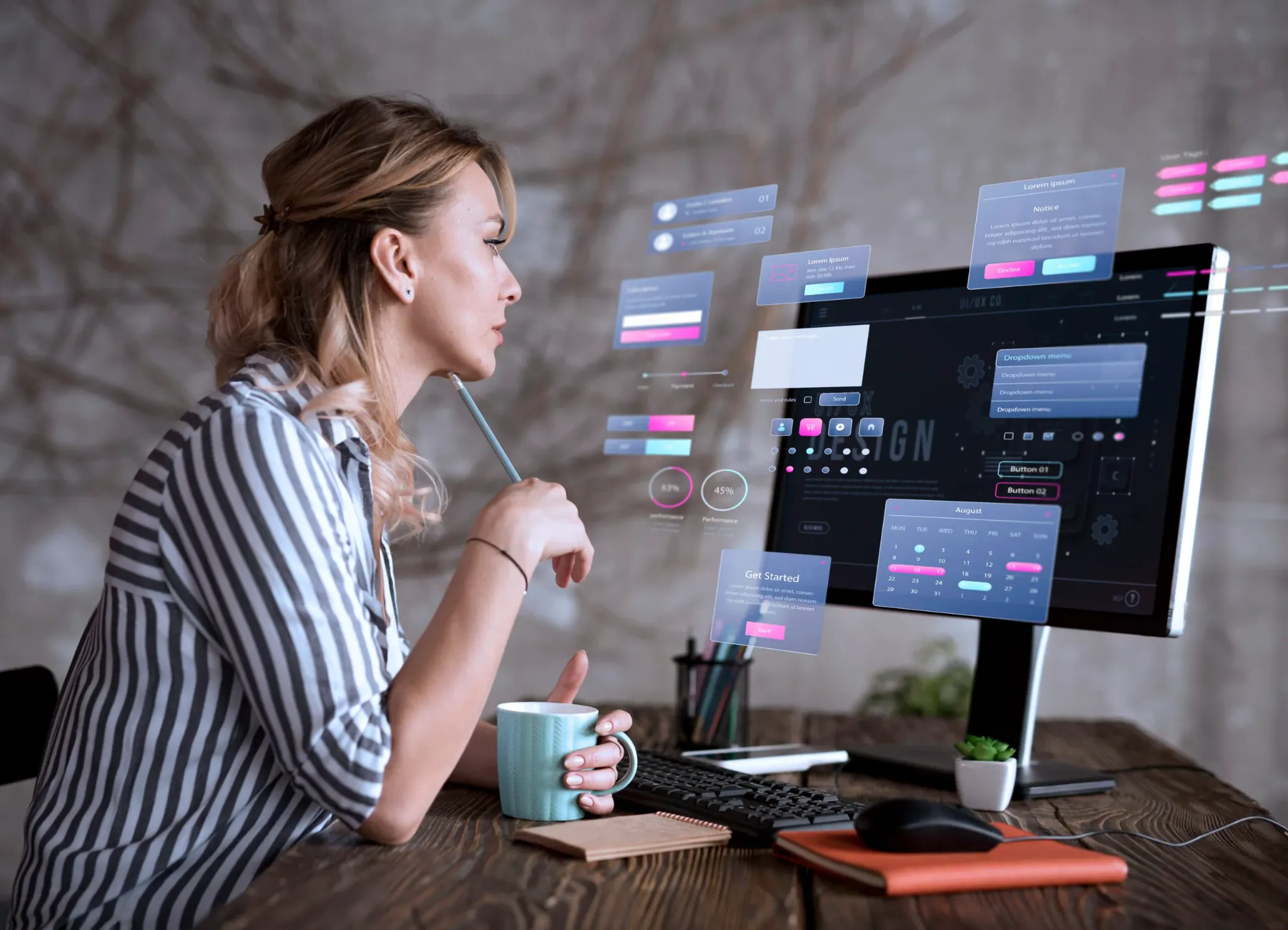Developer working with modern web and software interfaces